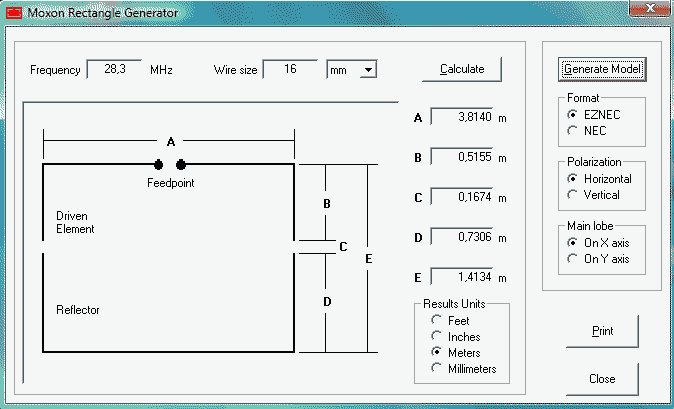 Captura de pantalla del software para generar las medidas de la antena Moxon